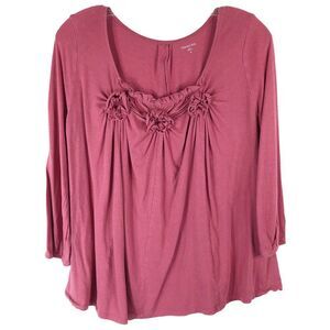 Garnet Hill‎ XS Top Red Gathered Front Smocked Ruffle Solid Cotton Pullover 381